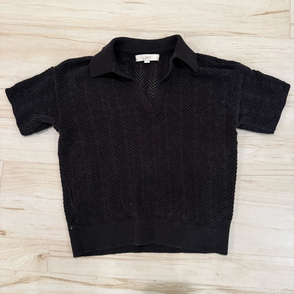 LOFT Black Open-Knit Short Sleeve Polo Top